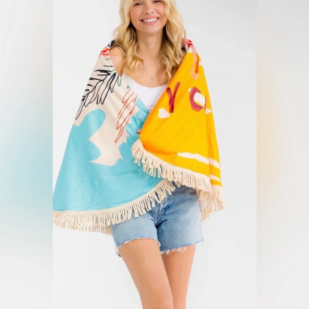 Round Fringe Beach Towel with Colorful Baycation Print & Design